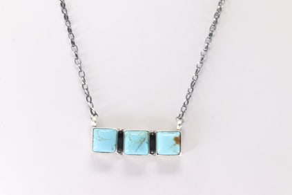 Native America Navajo Sterling Silver Kingman Turquoise Necklace By Donovan Skeets.