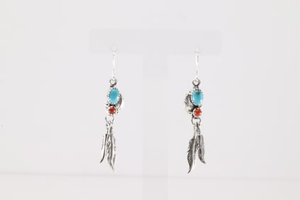 Native America Navajo Sterling Silver Coral & Turquoise Dangling Earring's By Rital Largo.