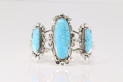 Native America Navajo Sterling Silver Turqyuoise Bracelet Cuff By David Lopez.