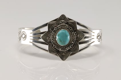 Native America Navajo Sterling Silver Kingman Turquoise Bracelet Cuff By Eula Wylie.