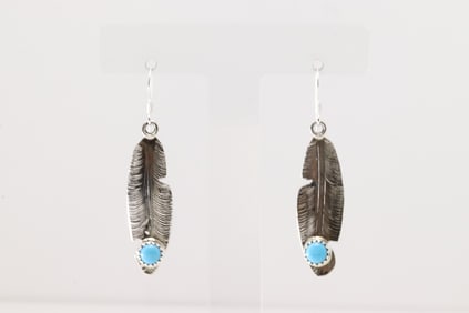 Native America Navajo Sterling Silver Turquoise Feather Dangling Earring's By Genevieve Francisco.