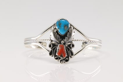 Native America Navajo Sterling Silver Coral & Turquoise Barcelet cuff By Harry B.Yazzie.