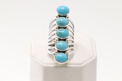 Native America Navajo Sterling Silver Turquoise Ring 5 Stone By Thomas Yazzie.