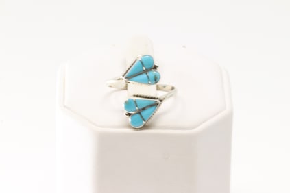 Native America Zuni Sterling Silver Turquoise Heart Inlay Ring By R.V.N.