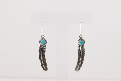 Native America Navajo Sterling Silver Turquoise Feather Dangling Earring's By Sharon McCarthy.