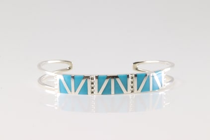 Native America Zuni Sterling Silver Turquoise Inlay Bracelet Cuff By Wilfred Siutza.