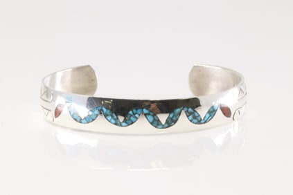 Native America Navajo Sterling Silver Turquoise & Coral Bracelet Cuff By Joleen Yazzie.