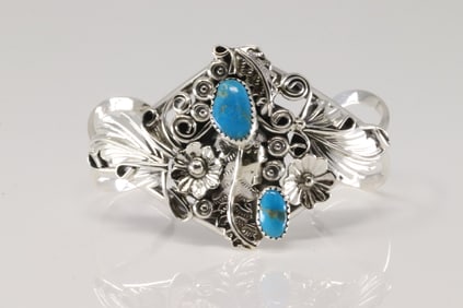 Native America Navajo Sterling Silver Turquoise Bracelet Cuff Harry B.Yazzie.