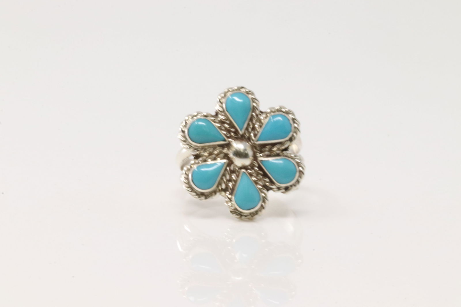 Native America Zuni Sterling Silver Turquoise Flower Ring By G.D. (1 of 4)