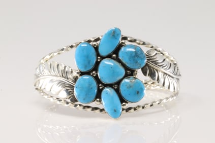Native American Navajo Sterling Silver Turquoise Bracelet Leaf Cuff By Phyllis Smith.