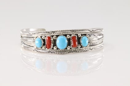 Native America Navajo Sterling Silver Coral & Turquoise Bracelet Cuff By Harrison & Betty Begay.