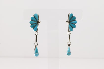 Native America Zuni Sterling Silver Turquoise Inlay Post / Dangling Earring's By Velda Nastacio.