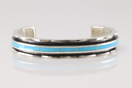 Native America Navajo Sterling Silver Turquoise Inlya Barcelet Cuff By Laurence Loretto.
