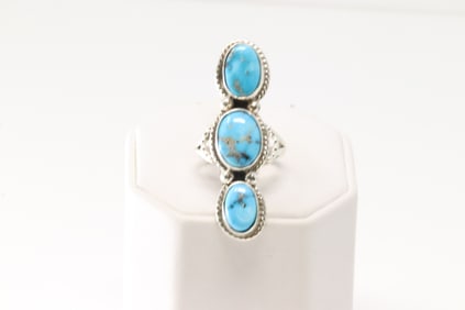 Native American Navajo Sterling Silver Turquoise Ring 3 Stone By S.