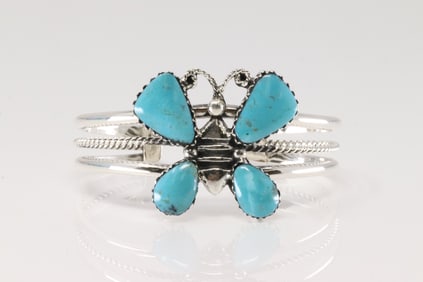 Native America Navajo Sterling Silver Turquoise Buttefly Bracelet Cuff By Gregg Yazzie.