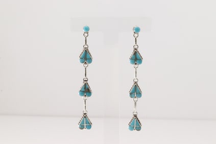 Native America Zuni Sterling Silver Turquoise Heart Inlay Post / Dangling Earring's By velda