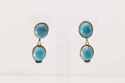 Native America Navajo Sterling Silver Kingman Turquoise Post / Dangling Earring's By Trisha