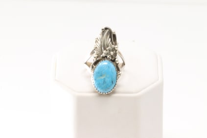 Native America Navajo Sterling Silver Turquoise Ring Leaf By Virginia.