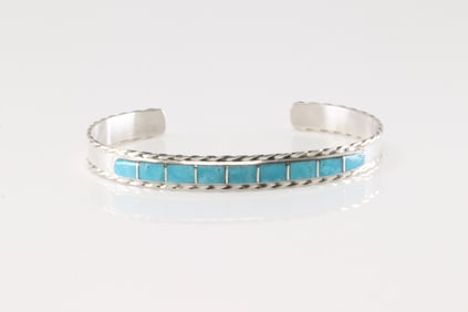 Native America Navajo Sterling Silver Turquoise Inlay Bracelet Cuff By J.P.