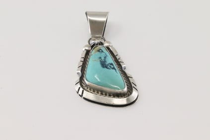 Native America Navajo Sterling Silver Kingman Turquoise Pendant By Donovan Skeets.