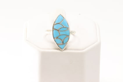 Native America Zuni Sterling Silver Turquoise Inlay Ring By O.Leekya.