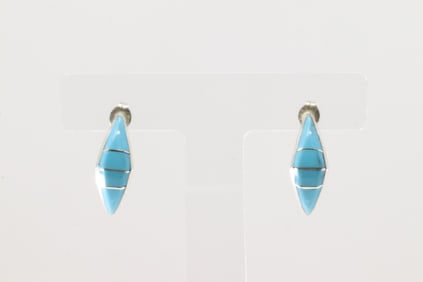 Native American Zuni Sterling Silver Turquoise Inlay Hoop Earring's By Robert Kanesta.