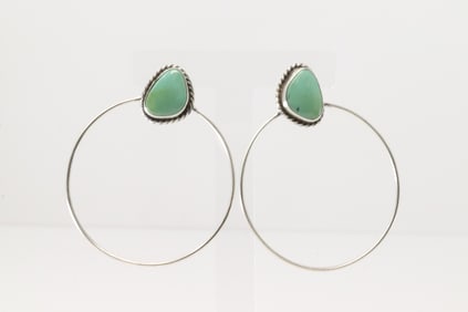 Native American Navajo Sterling Silver Kingman Turquoise Hoop Earring's By Elouise Kee.