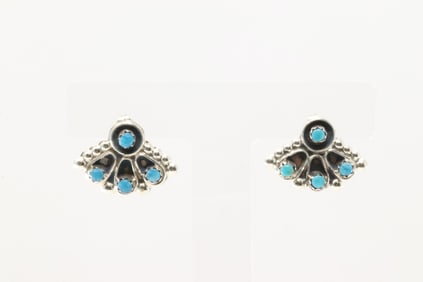 Native American Zuni Sterling Silver Kingman Turquoise Post Earring's BY Joan Cheama.