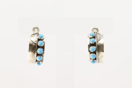 Native America Navajo Sterling Silver Turquoise Feather Hoop Earring's By Chester Chandle.