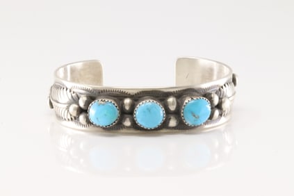 Native America Navajo Sterling Silver Turquoise Bracelet Cuff By Welbert Meyers.