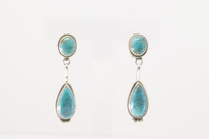 Native America Navajo Sterling Silver Kingman Turquoise Post / Dangling Earring's By Theresa Smith.