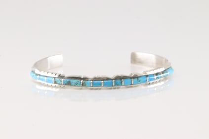 Native America Zuni Sterling Silver Turquoise Inlay Bracelet By V.Martza.