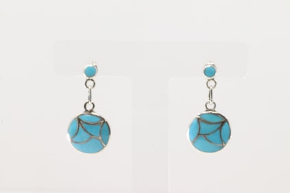 Native American Zuni Sterling Silver Turquoise Inlay Post / Dangling Earring's By Orena Leekya.