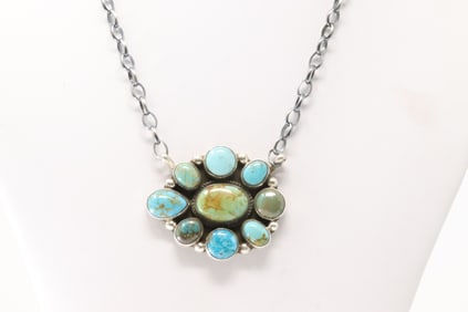 Native America Navajo Sterling Silver Kingman Turquoise Necklace By Geraldine James.