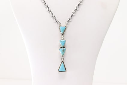 Native America Navajo Sterling Silver Kingman Turquoise Necklace By J.
