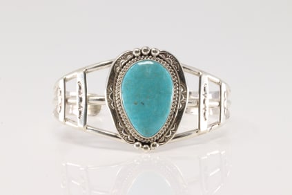 Native American Navajo Sterling Silver Kingman Turquoise Bracelet Cuff By Allanna Yellow.