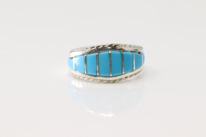 Native American Zuni Sterling Silver Turquoise Inlay Ring By M.P.