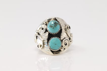 Native America Navajo Sterling Silver Turquoise Ring Floral By B.
