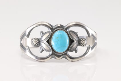 Native America Navajo Sterling Silver Turquoise Bracelet Cuff By Henry Morgan.