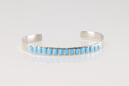 Native America Navajo Sterling Silver Turquoise Inlay Bracelet Cuff.