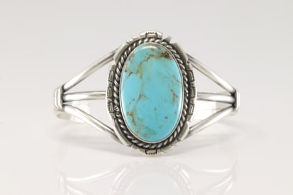 Native America Navajo Sterling Silver Kingman Turquoise Bracelet Cuff By Augustine Largo.