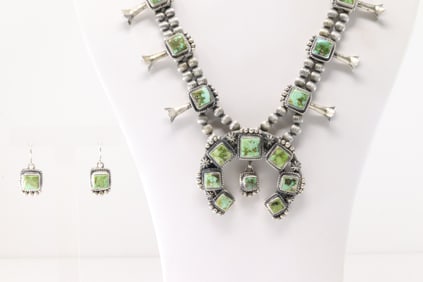 Native America Navajo Sterling Silver Sonora Gold Turquoise Squash Blossom Necklace & Earring's Set