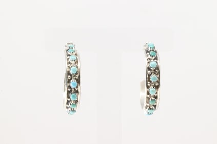 Native American Navajo Sterling Silver Turquoise Hoop Earring's By Joan Cheama.