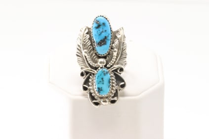 Native American Navajo Sterling Silver Turquoise Ring Leaf By H.Y.