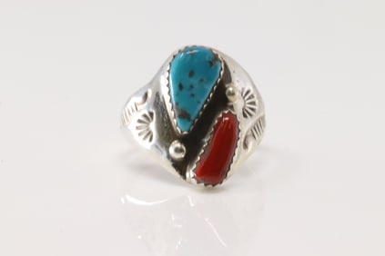 Native America Navajo Sterling Silver Coral & Turquoise Ring By Mary Lincoln.