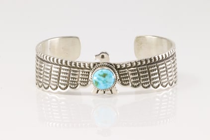 Native America Navajo Sterling Silver Turquoise Thunderbird Bracelet Cuff By Darrell Cadman.