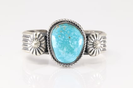 Native America Navajo Sterling Silver Kingman Turquoise Bracelet Cuff By Chimney Butte.