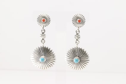 Native America Navajo Sterling Silver Coral & Turquoise Post / Dangling Earring's By Verley Betone.