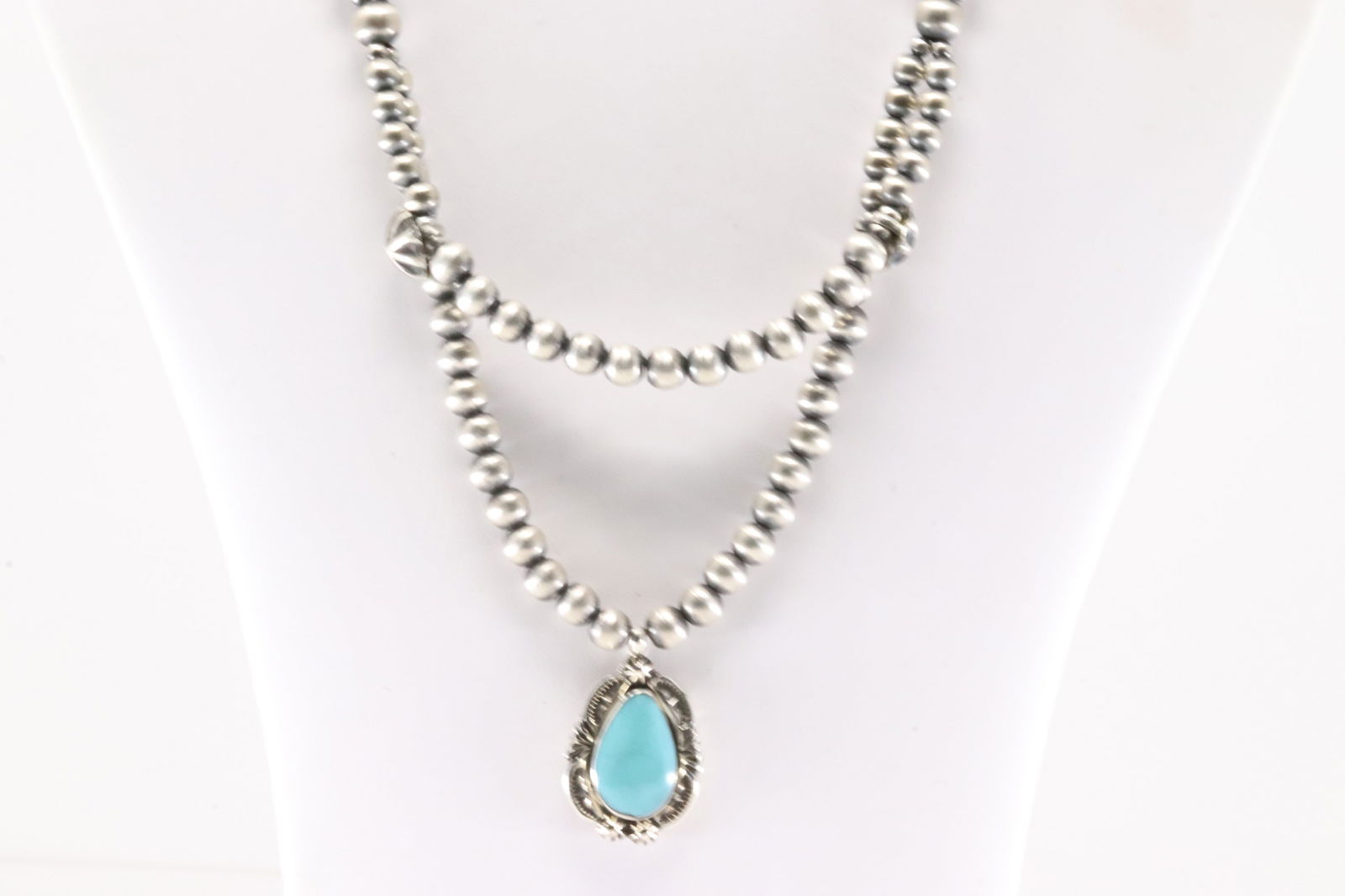 Native America Navajo Sterling Silver Double Strand Pearl Beaded / Turquoise Necklace By R.B. (1 of 4)