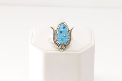 Native America Zuni Sterling Silver Turquoise Corn Ring By K.Etsate.